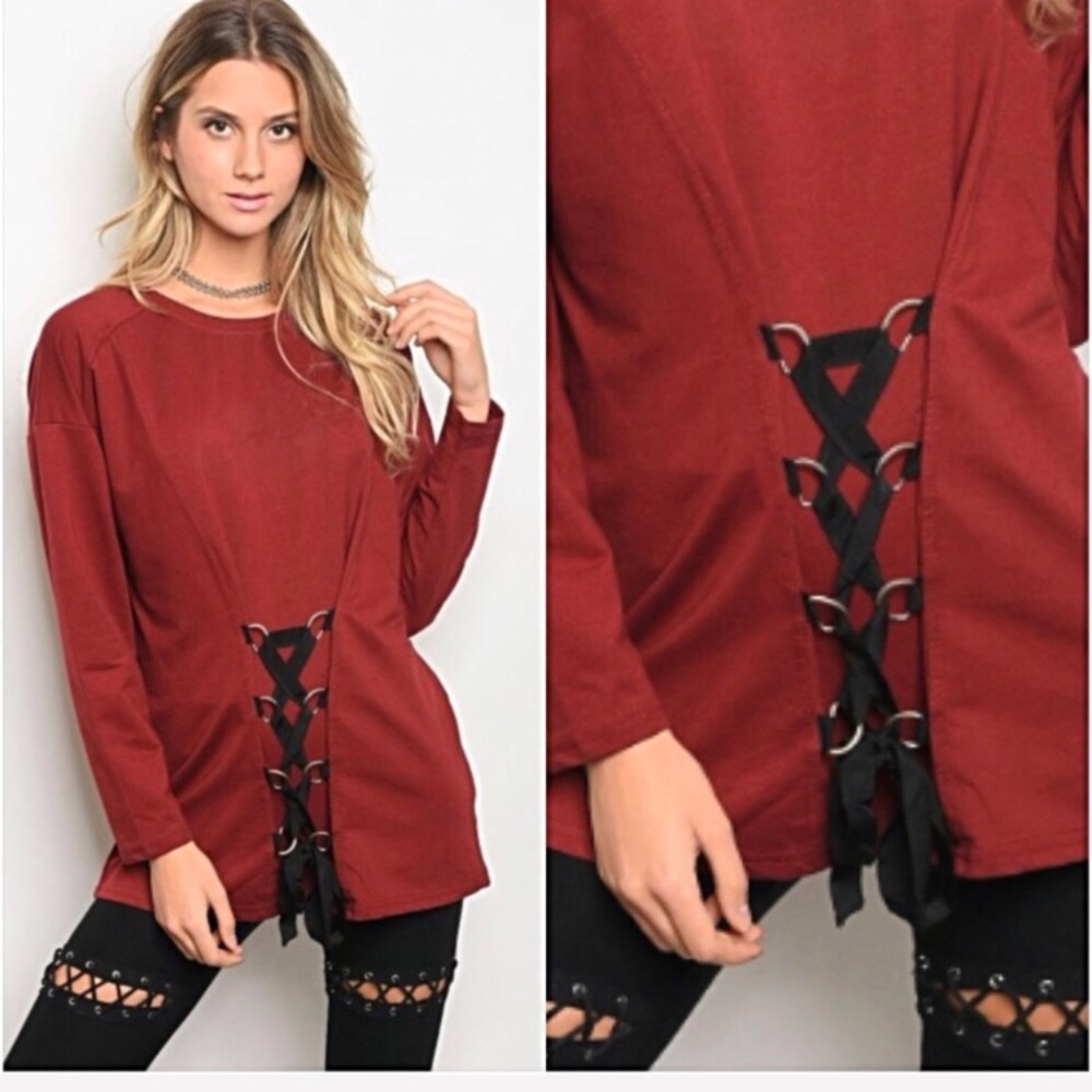 Wine Lace Up Corset Front Tunic Top NEW SML